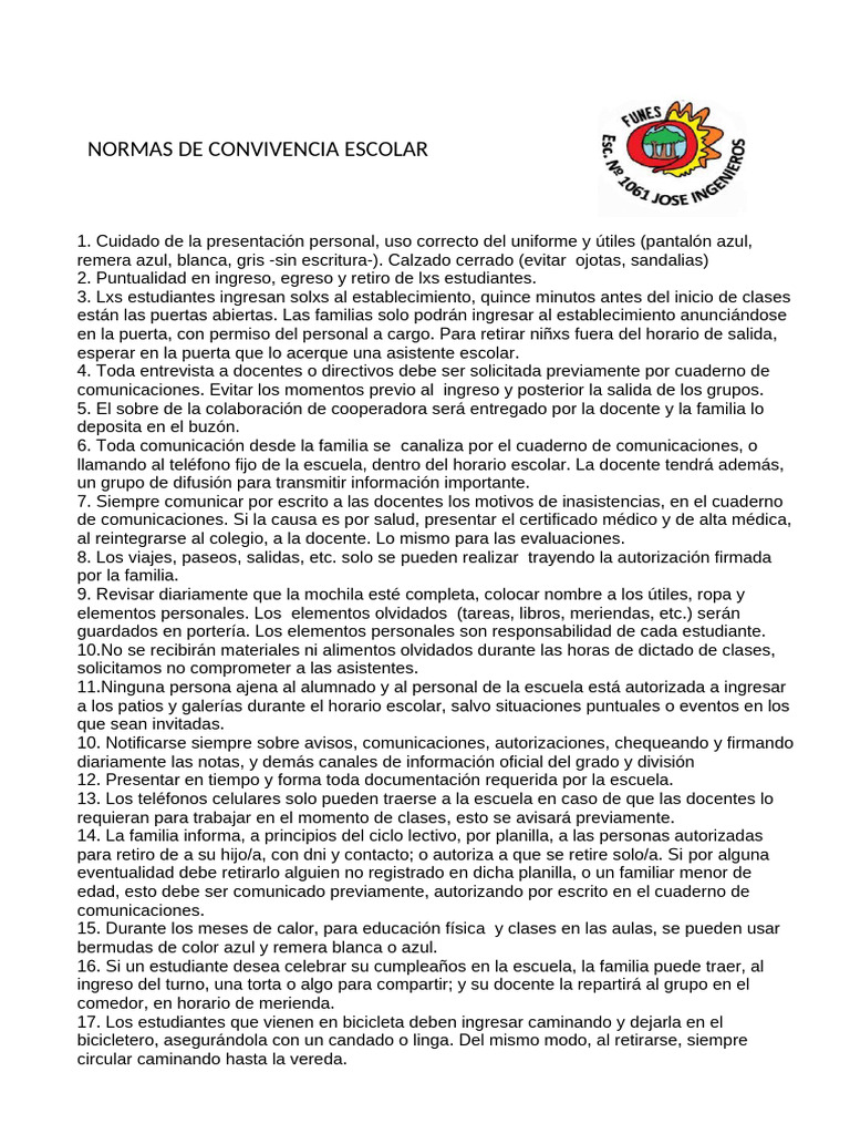 Reglamento de Convivencia Escolar 2025 | PDF