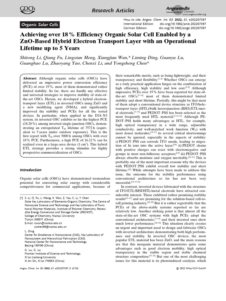 Achieving Over 18 Efficiency Organic Solar Cell en | PDF | X Ray ...