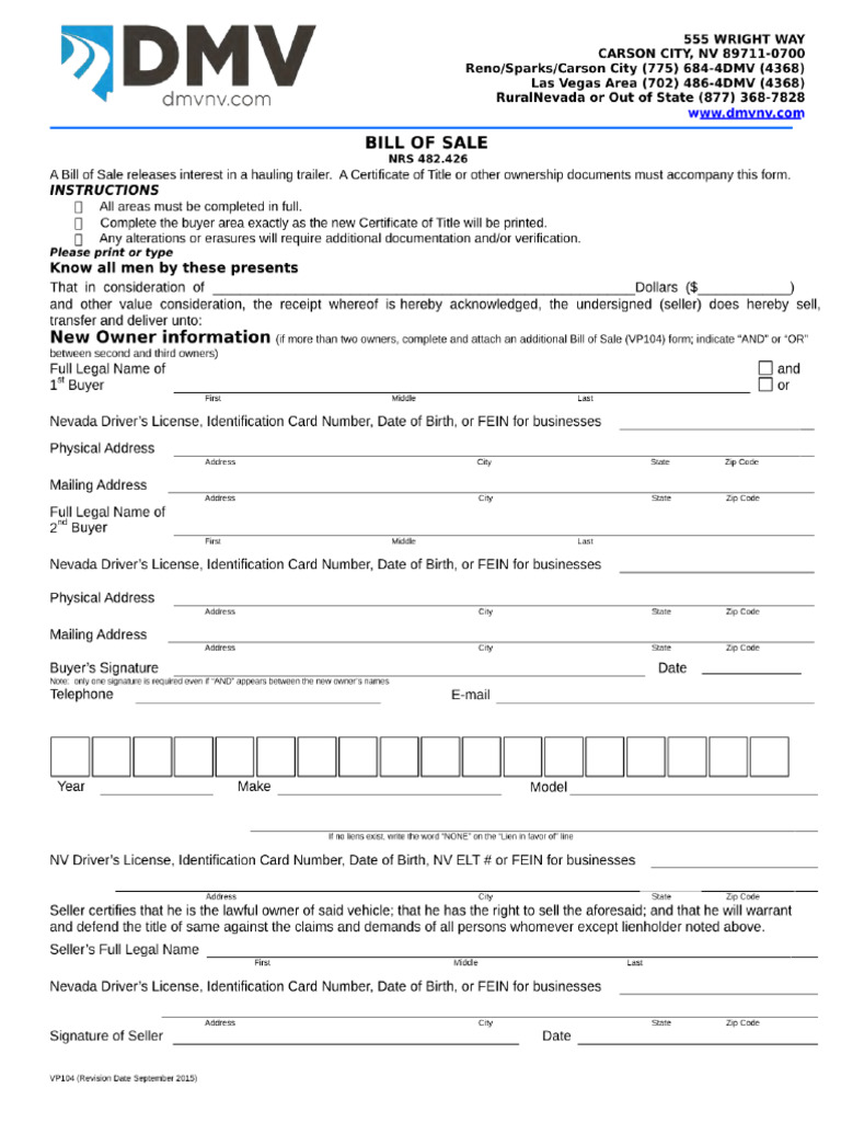 Nevada Motor Vehicle Bill of Sale Form | PDF