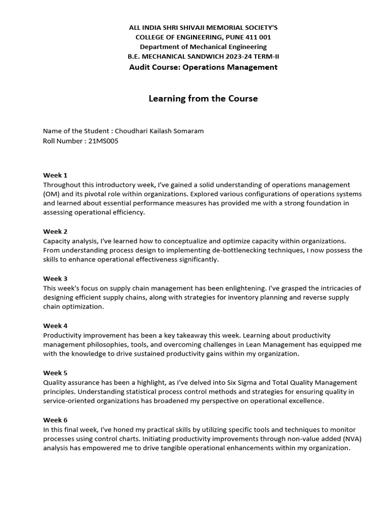 Operations Management Course Insights | PDF