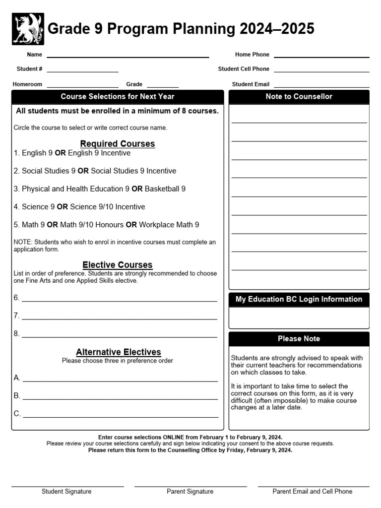 Grade 9 Course Selection Worksheet | PDF