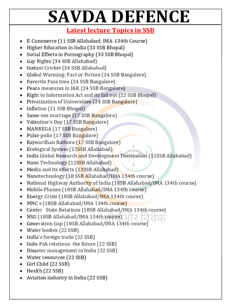 SSB Lecturette Topics Overview 2025 | PDF
