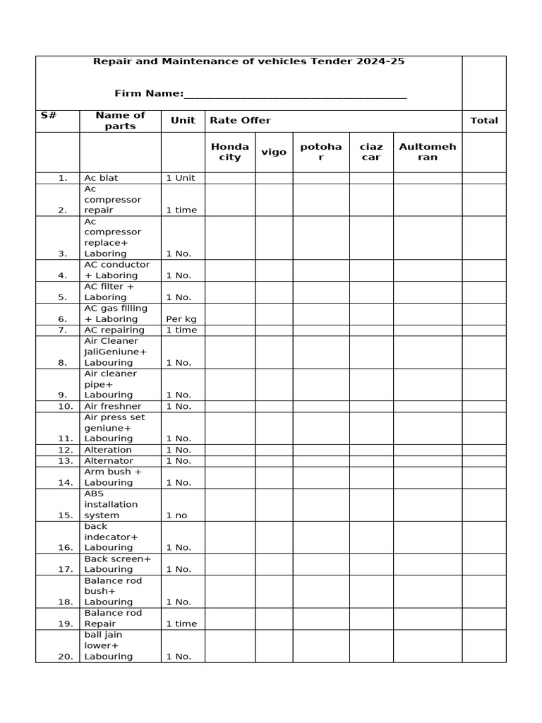 Vehicle Repair Tender 2024-25 | PDF | Clutch | Motor Vehicle