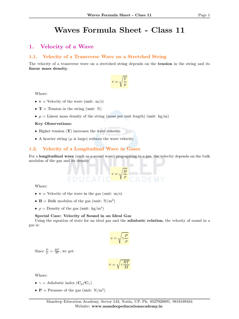 Class 11 Waves Formula Sheet | PDF | Waves | Frequency