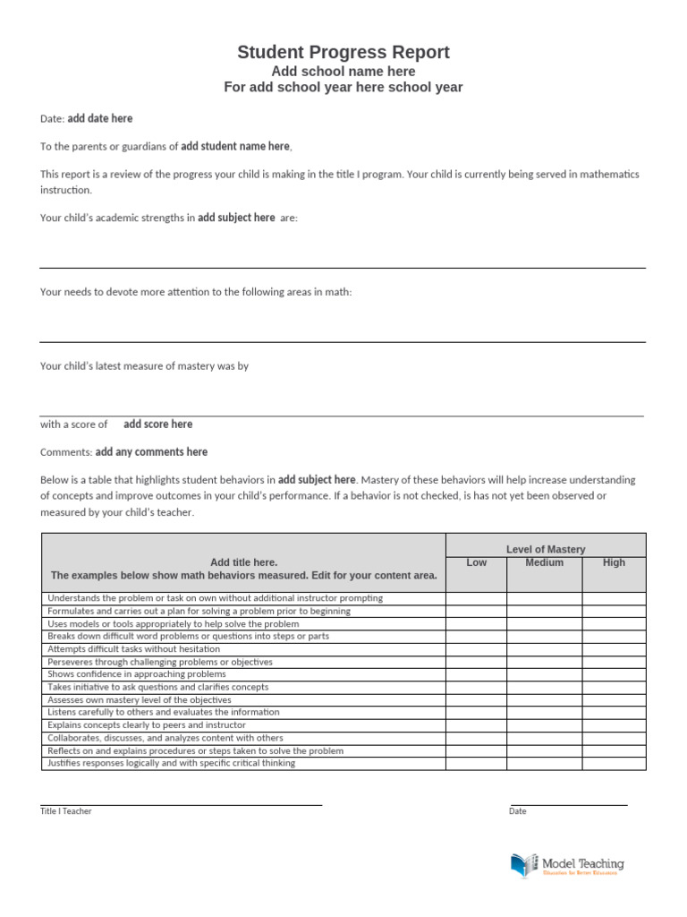 Student Progress Report Written Template | PDF