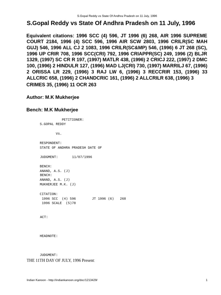 Gopal Reddy vs Andhra Pradesh Case Summary | PDF | Marriage