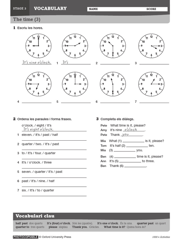 Vocabulary Activities for Time Learning | PDF