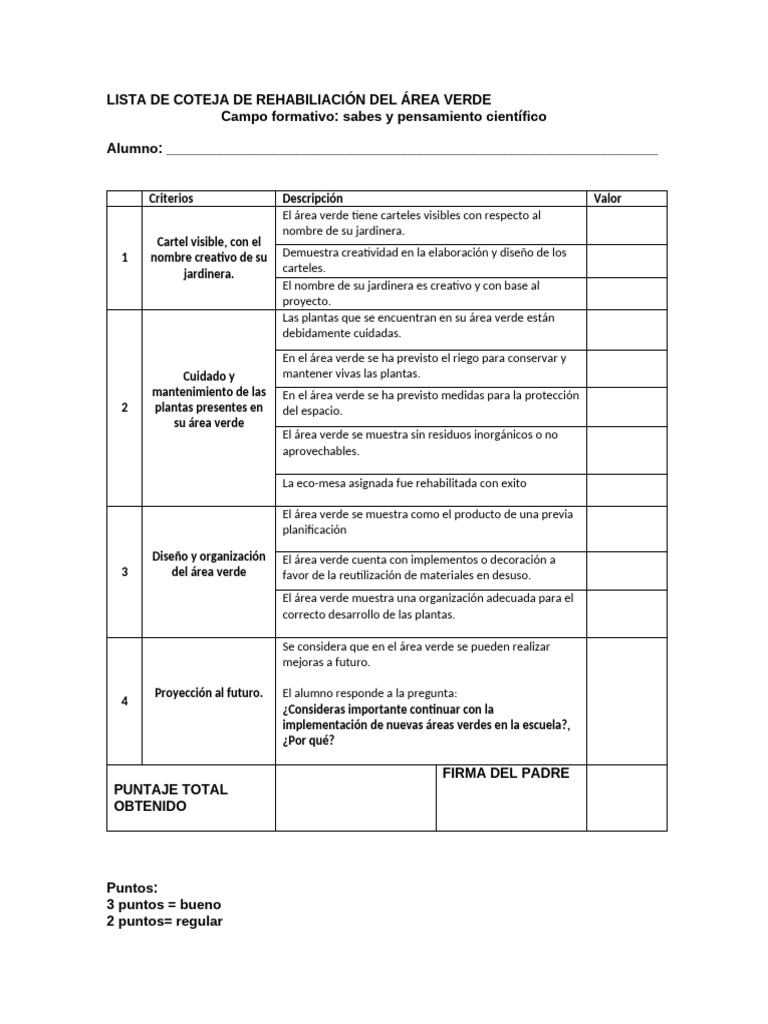 LISTA DE COTEJA DE REHABILIACIÓN DEL ÁREA VERDE | PDF