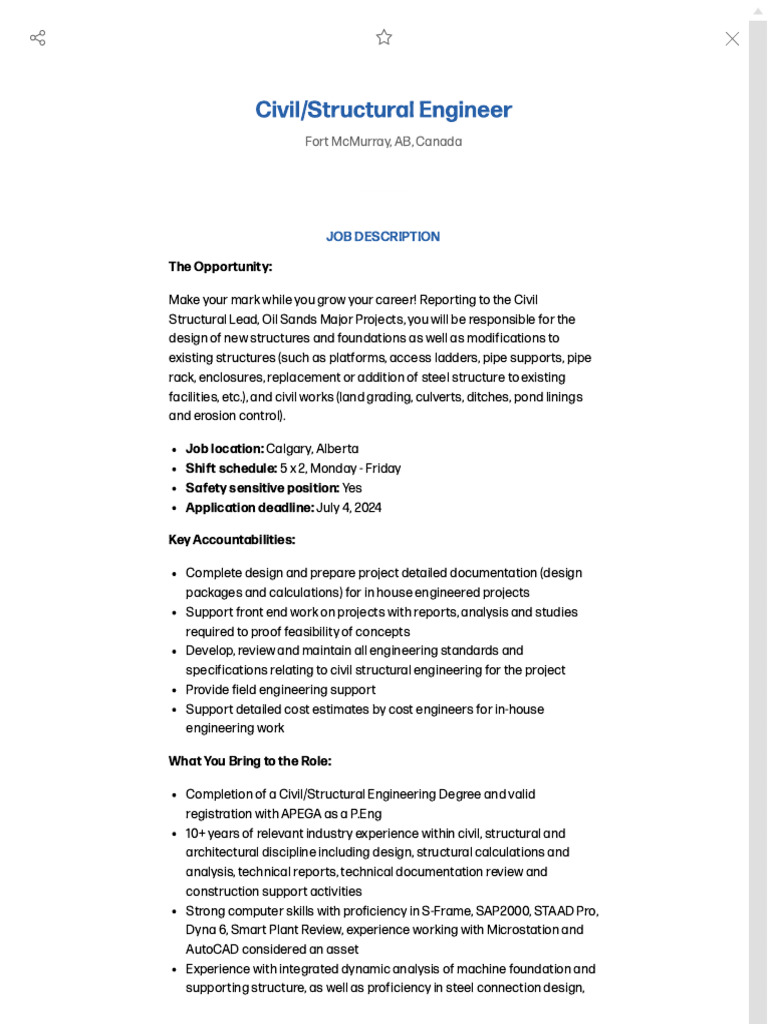 Civil - Structural Engineer - CNRL Professional Career Site Careers | PDF