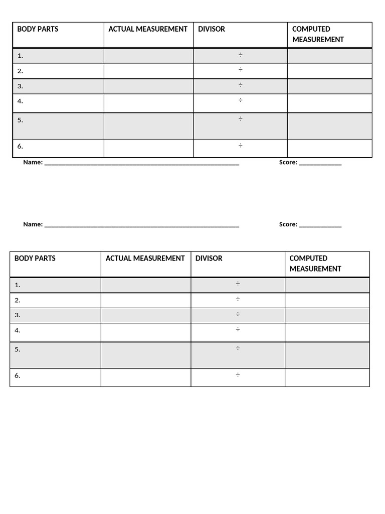 Body Parts Measurement Worksheet | PDF