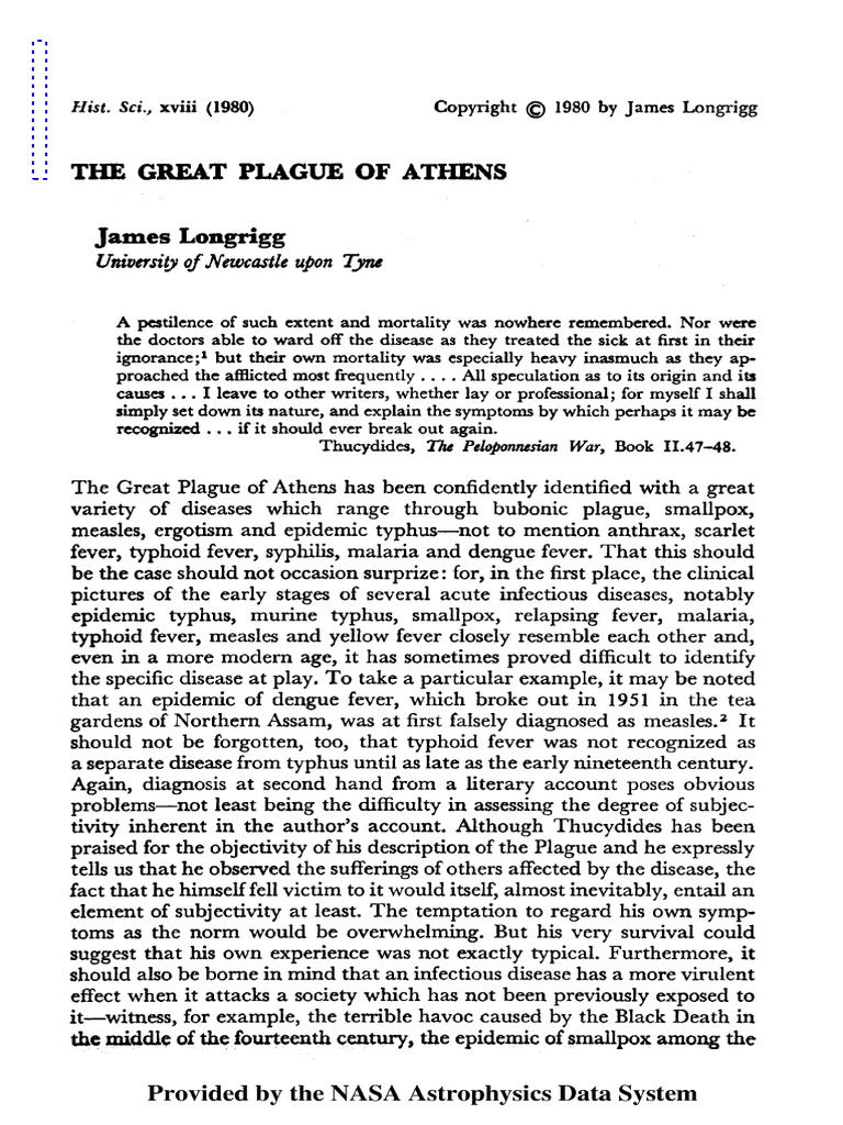 Longrigg Great Plague of Athens | PDF