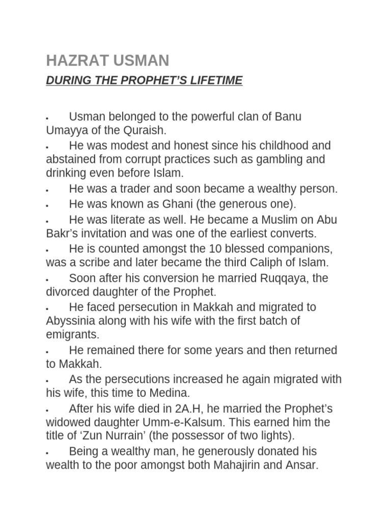 Usman: Life and Caliphate Overview | PDF | Ali | Muhammad