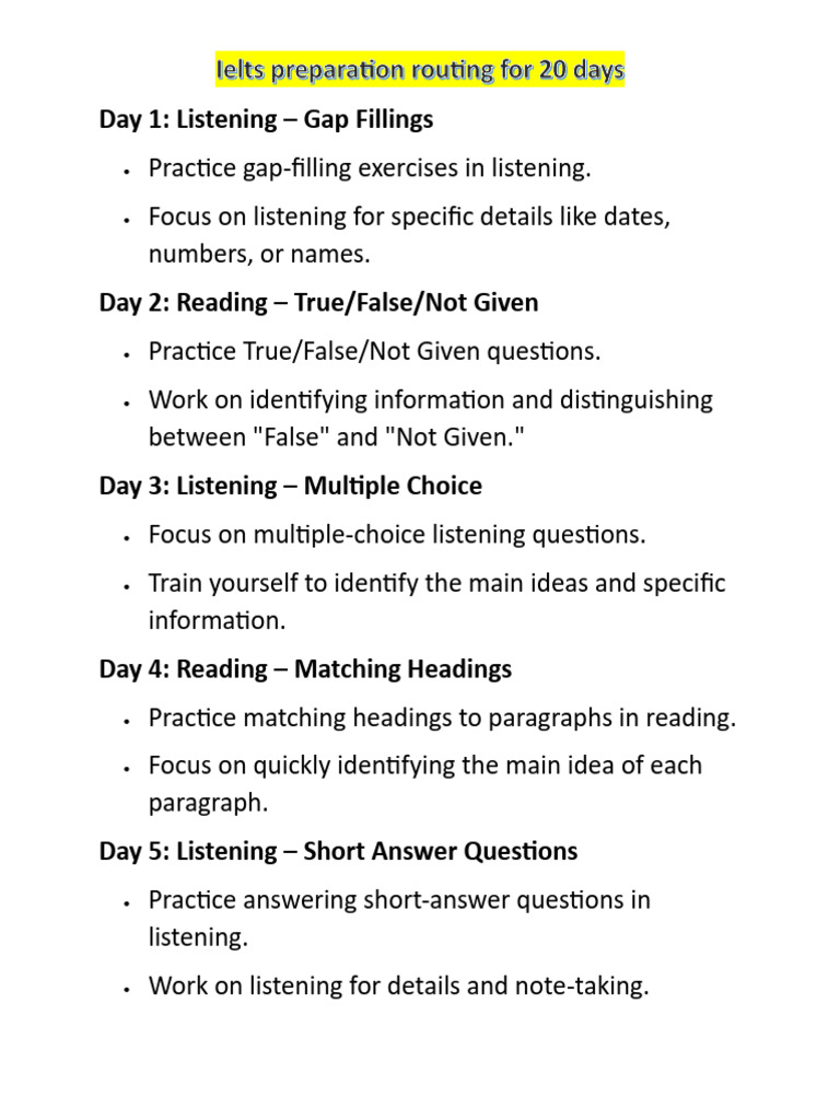 20-Day IELTS Preparation Plan | PDF | Multiple Choice | Fluency
