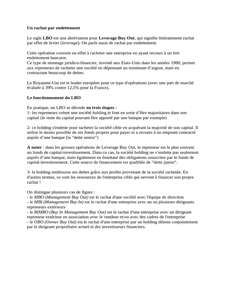 Comprendre le rachat par endettement LBO | PDF