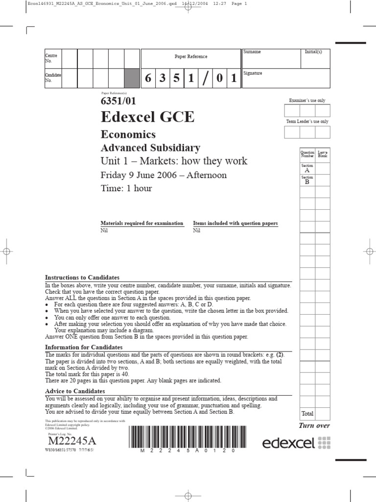 Edexcel GCE Economics Unit 1 Exam Guide | PDF | Elasticity (Economics ...