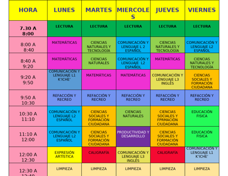 Horario Escolar Cuarto Grado 2025 | PDF