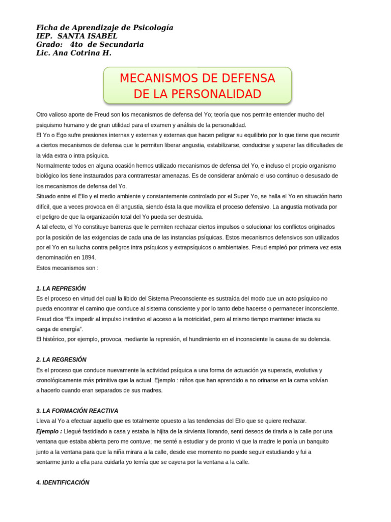 Mecanismos de Defensa del Yo en Freud | PDF | Psique (psicología ...