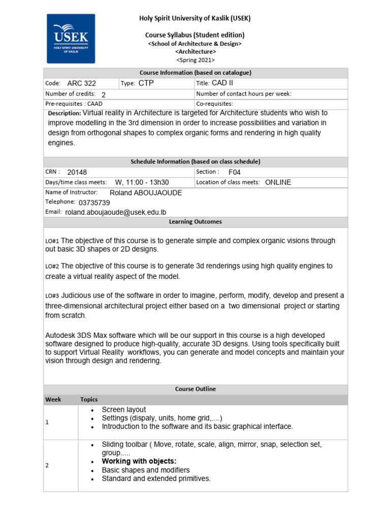 CAD II Course Syllabus - USEK Architecture | PDF | 3 D Computer ...