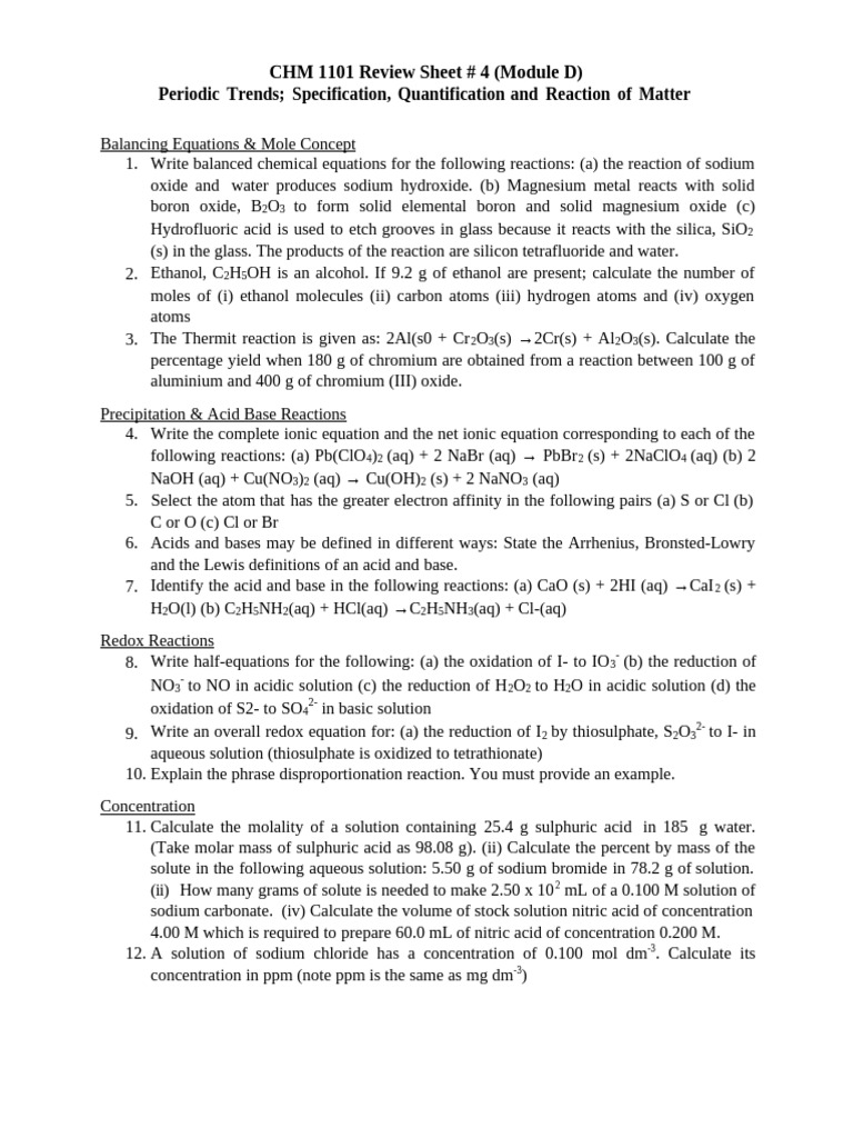 Chemistry worksheet 4 | PDF | Chemical Reactions | Hydroxide
