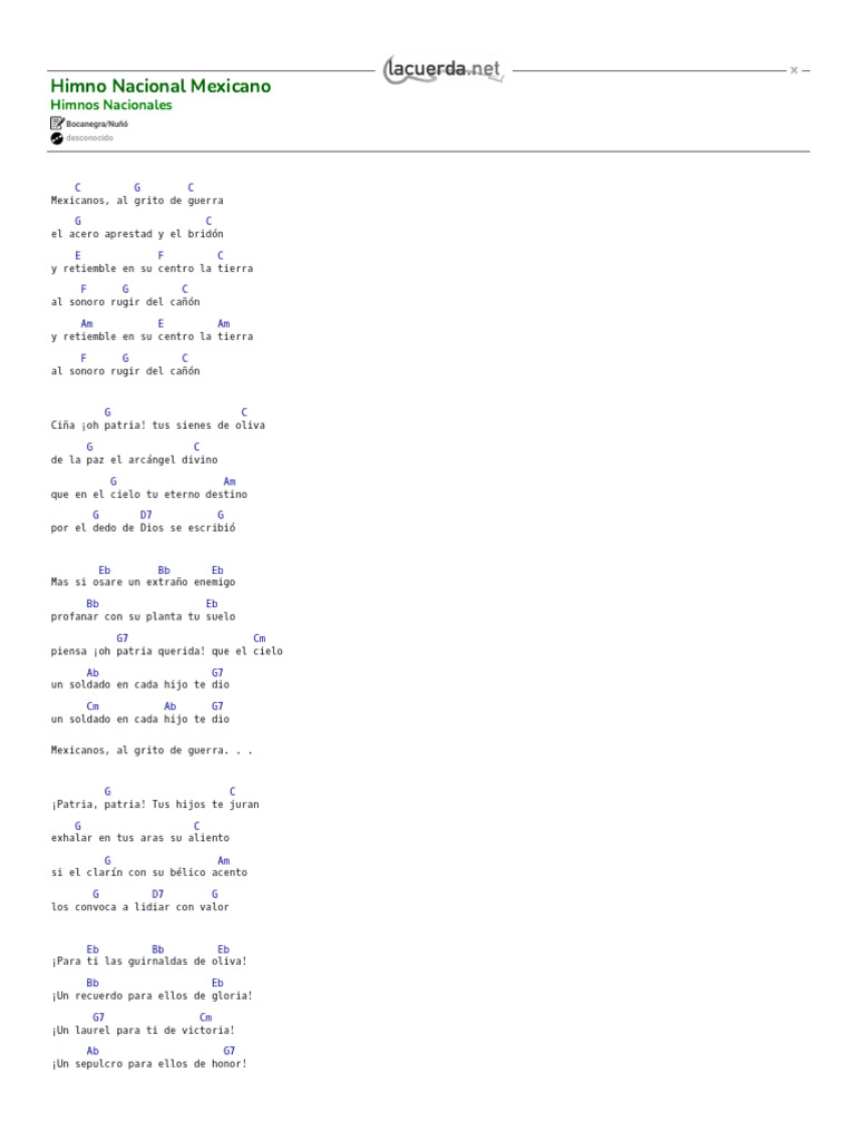 Acordes y letra del Himno Nacional Mexicano | PDF