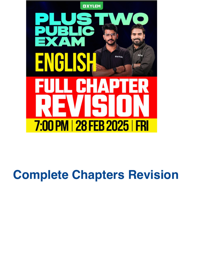 29.02. Plus Two English Full Chapter Revision SJ, JD | PDF