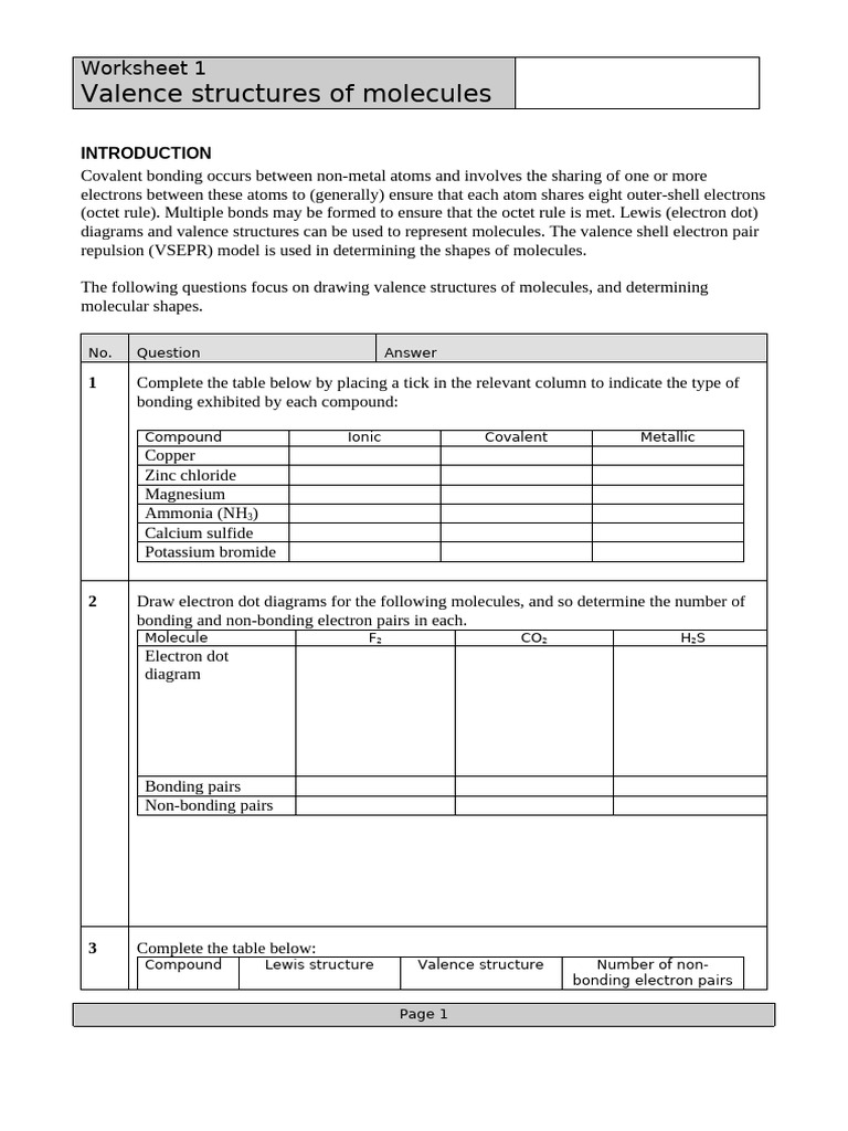 Valence Structures and Bonding Worksheet | PDF | Chemical Bond ...