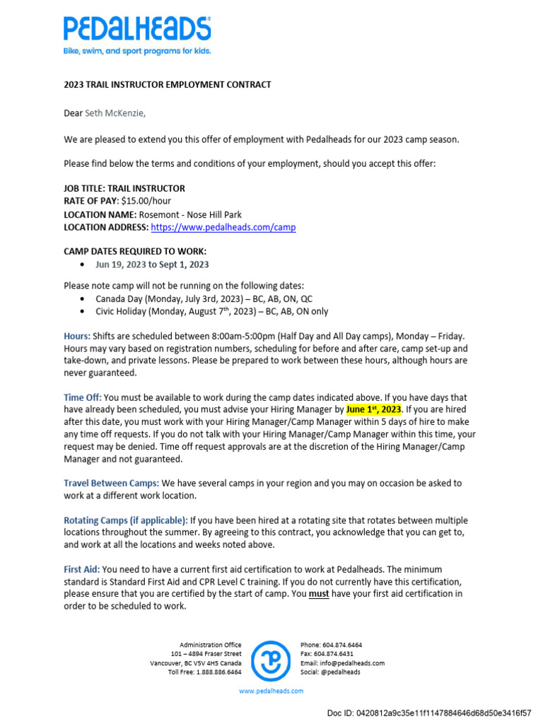 2023 Trail Instructor Contract for Seth | PDF | Employment