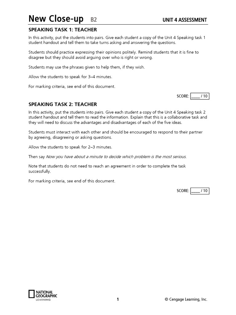 B2 Unit 4 Speaking Assessment Guide | PDF | Cognitive Science | Human ...
