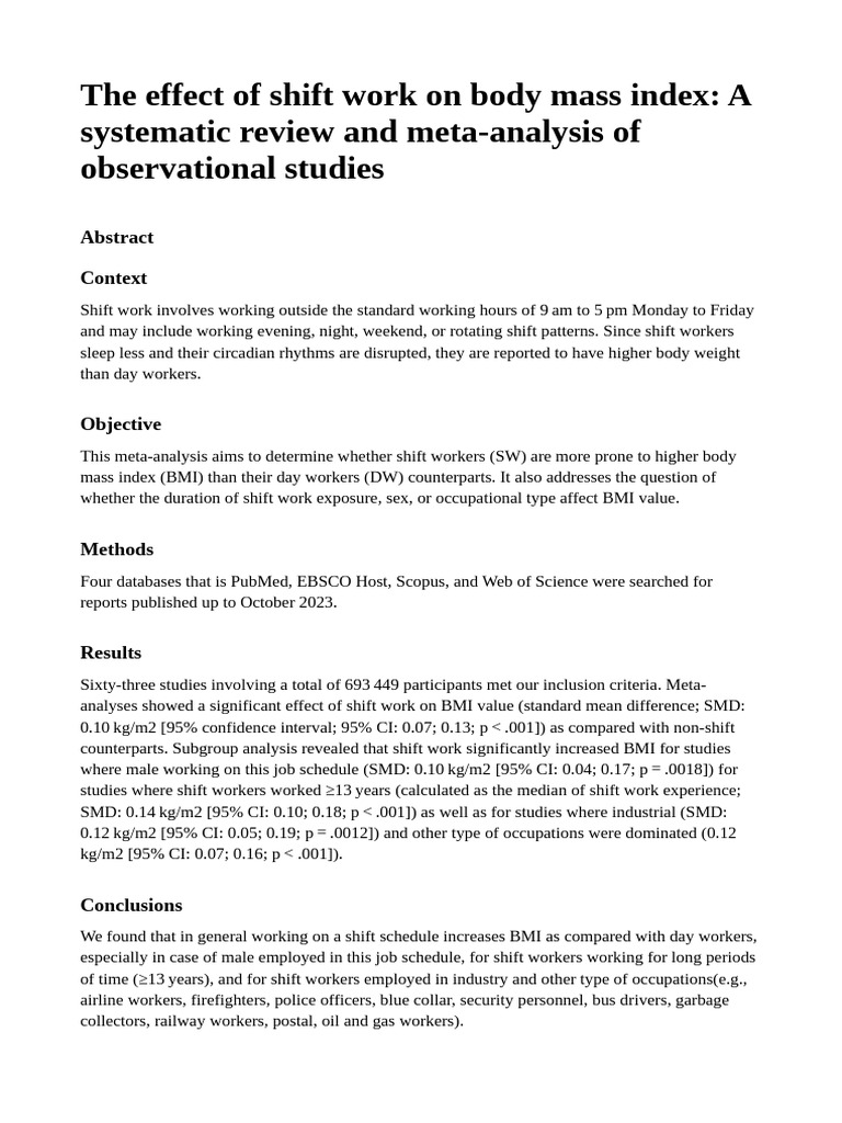 The Effect of Shift Work On Body Mass Index | PDF