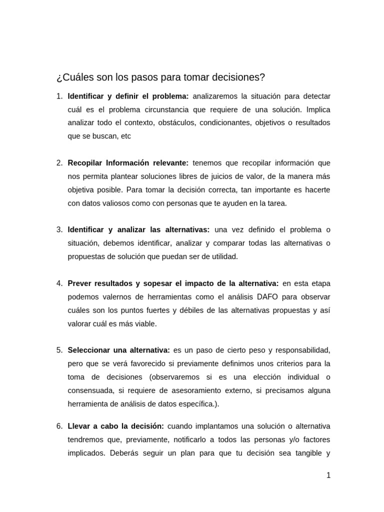 Pasos para una toma de decisiones efectiva | PDF | Toma de decisiones ...