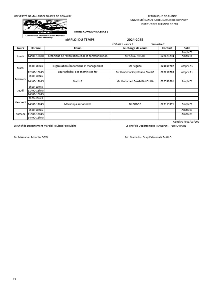 Emploi du temps Licence 1 20242025 PDF — free download