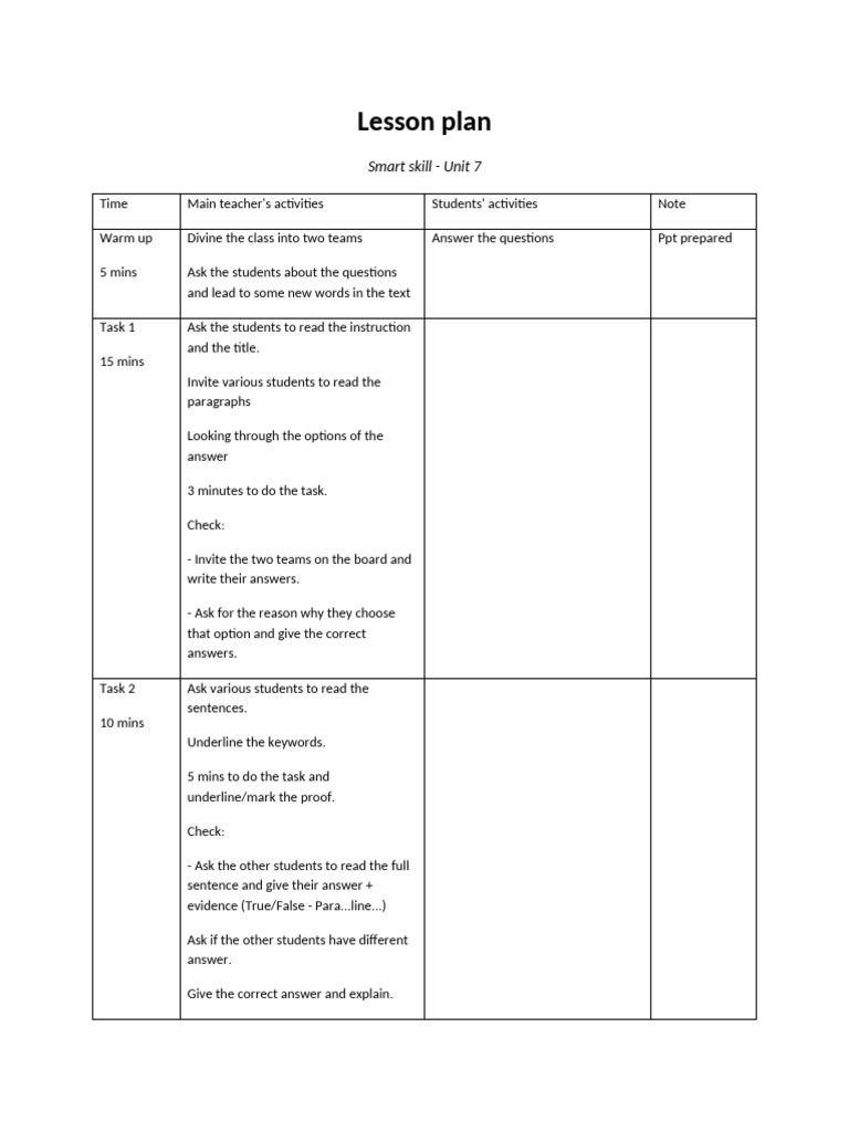 Unit 7 Lesson Plan for Smart Skills | PDF
