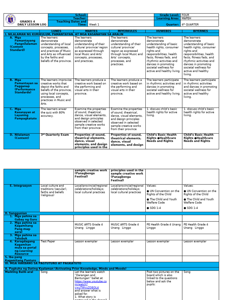 Grade 4 MAPEH Daily Lesson Plan | PDF | Dances