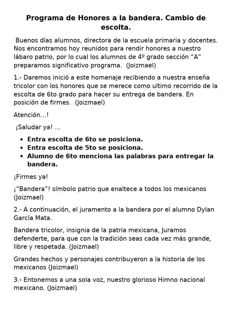 Programa de Honores A La Bandera. Cambio de Escolta Nombre | PDF