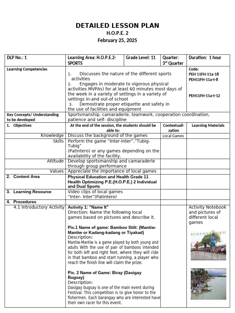 Grade 11 Sports Lesson Plan: Patintero | PDF | Physical Education ...