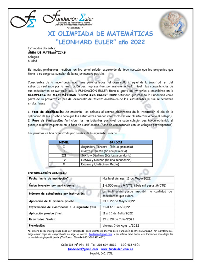 Invitacin Olimpiadas de Matemticas 2022 | PDF