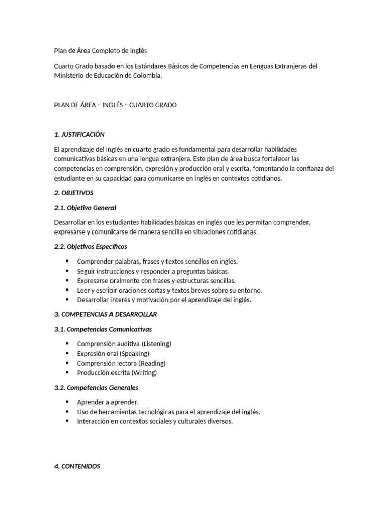 Plan de Inglés Cuarto Grado Colombia | PDF | Aprendizaje | Idioma en Inglés