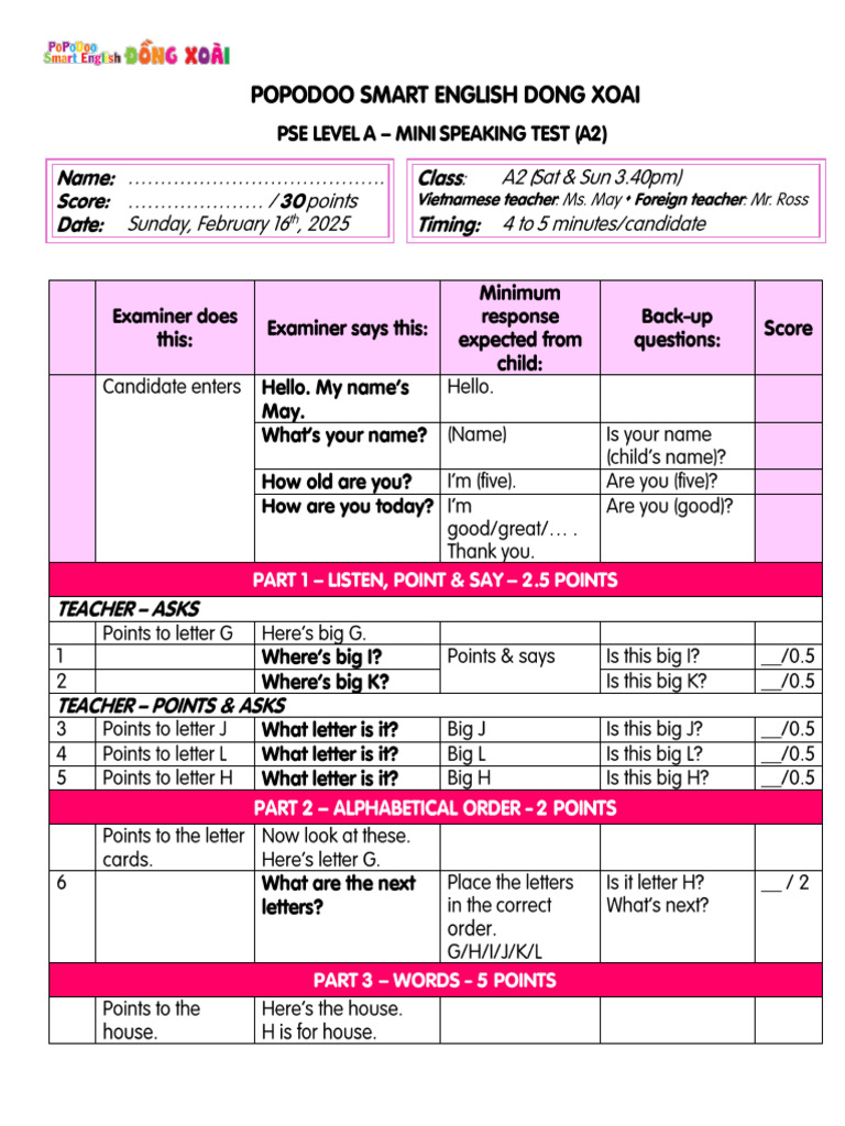 Speaking Questions A2 Mini Speaking Test Pdf