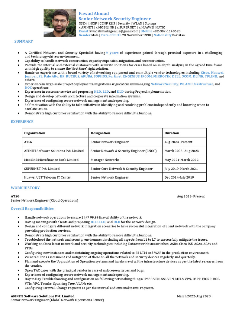 Senior Network Security Engineer Profile | PDF | Computer Network ...