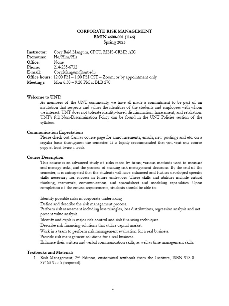 RMIN 4600 Spring 2025 Syllabus | PDF | Risk | Risk Management