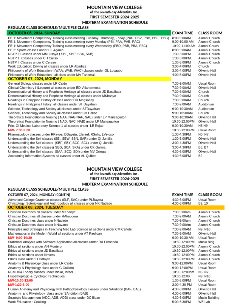 Midterm Exam Schedule 2024-2025 | PDF