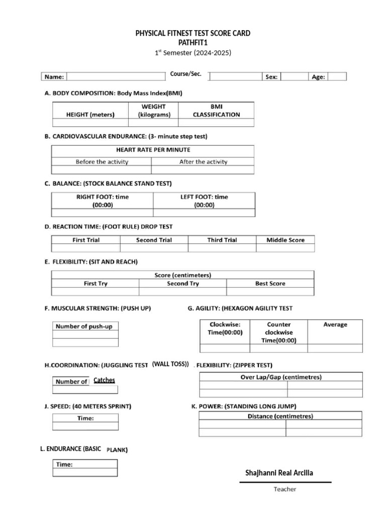 Physical Fitnest Test Score Card | PDF