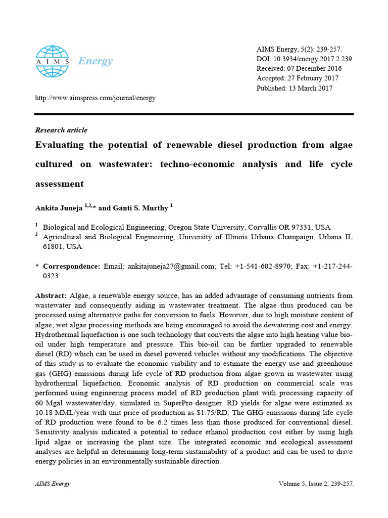 Renewable Diesel from Algae: Techno-Economic Analysis | PDF | Algae ...