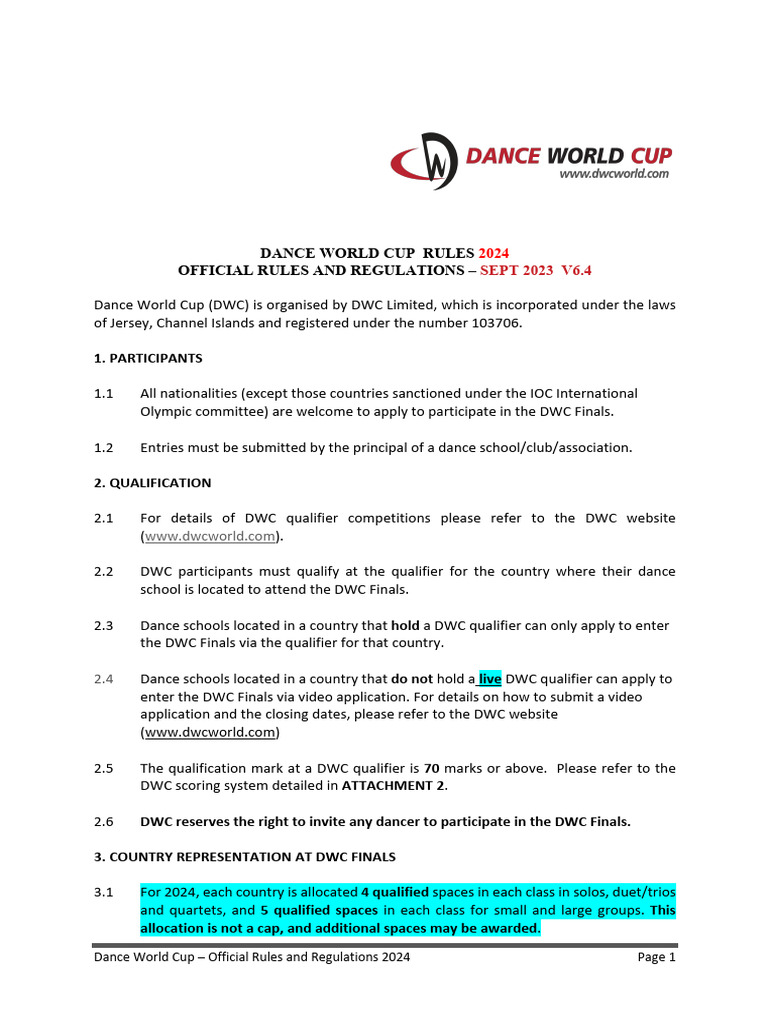 Dance World Cup 2024 Rules & Regulations | PDF | Dances | Ballet