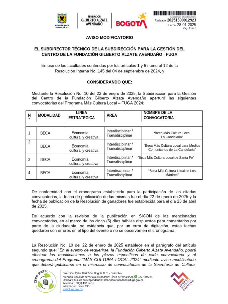 Aviso Modificatorio El Subdirector Técnico de La Subdirección para La ...
