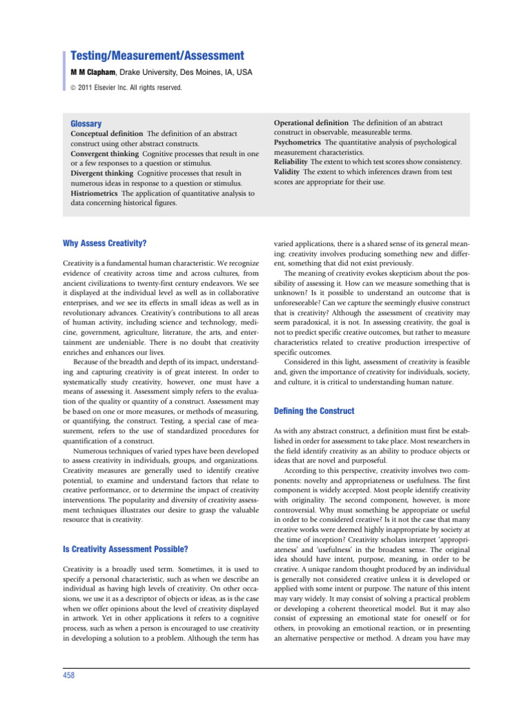 Assessing Creativity: Definitions & Methods | PDF | Creativity | Thought