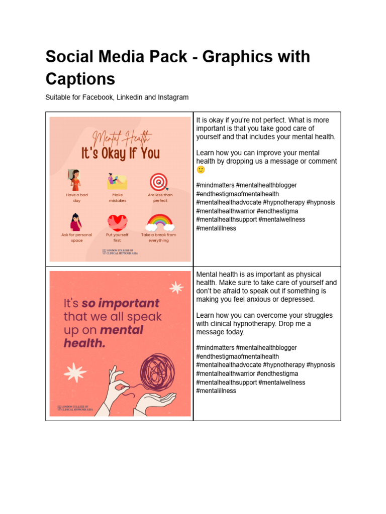 Social Media Pack - Graphics With Captions | PDF | Hypnotherapy | Hypnosis