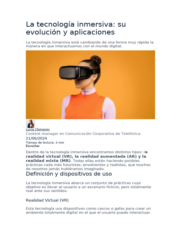 Evolución y Aplicaciones de la Tecnología Inmersiva | PDF | Realidad ...