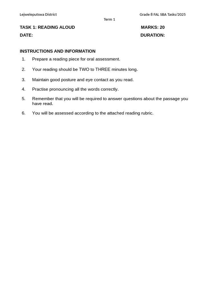 Grade 8 Fal Sba Tasks Term 1 2025 | PDF | Paragraph | Vocabulary