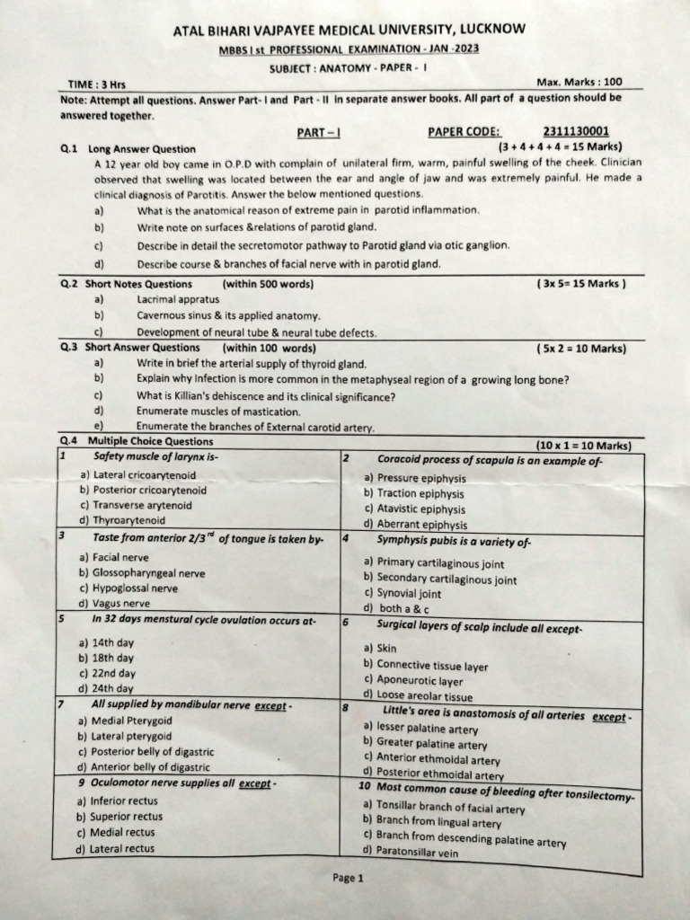 Anatomy Exam Paper - MBBS 1st Year | PDF | Human Anatomy